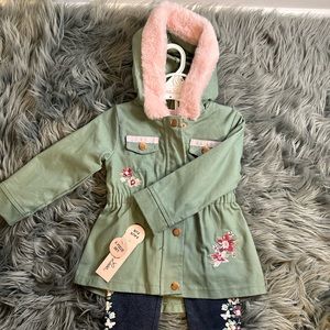 Little Lass Toddler 24M 3 Piece Set Green Jacket/Faux Fur, Pink Shirt, Pants
